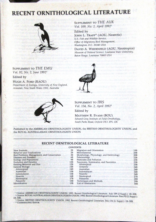 Image for RECENT ORNITHOLOGICAL LITERATURE, 1983-1998, (being a supplement to The Auk, The Emu and The Ibis). {Richard Fitter's copies}