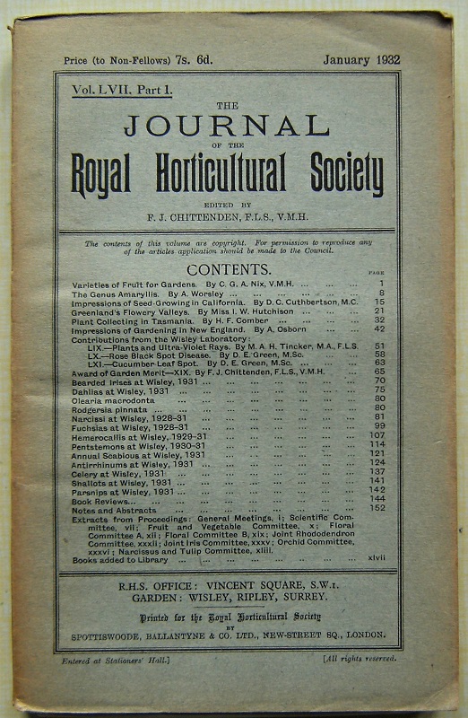 Image for Journal of the Royal Horticultural Society, Volume LVII part 1