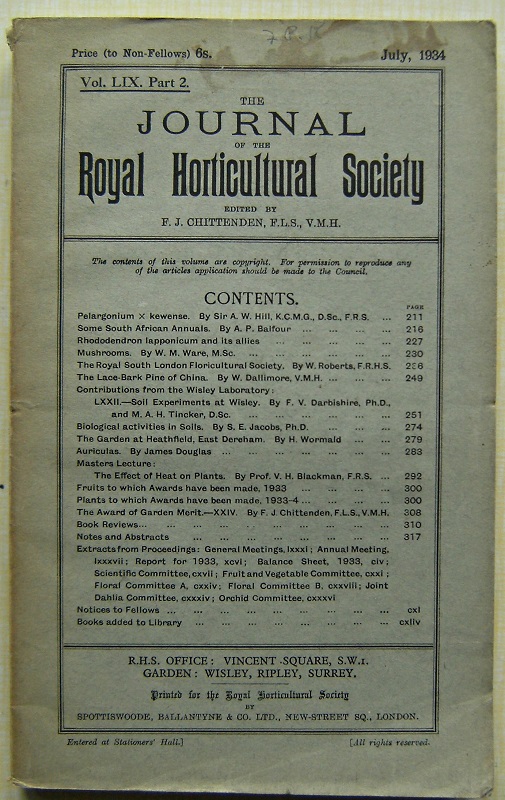 Image for Journal of the Royal Horticultural Society Volume LIX part 2