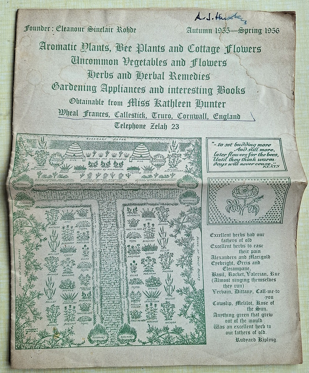 Aromatic Plants, Bee Plants and Cottage Flowers, Uncommon Vegetables and Flowersa, Herbs and Herbal Remedies, Gardening Appliances and Interesting Books. Catalogue Autumn 1955 - Spring 1956