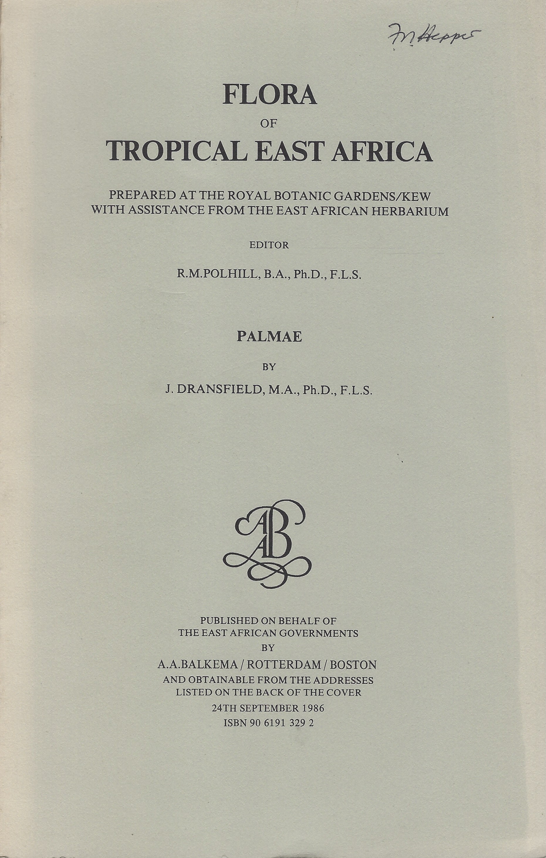 Palmae. [Flora of Tropical East Africa]. Nigel Hepper's copy