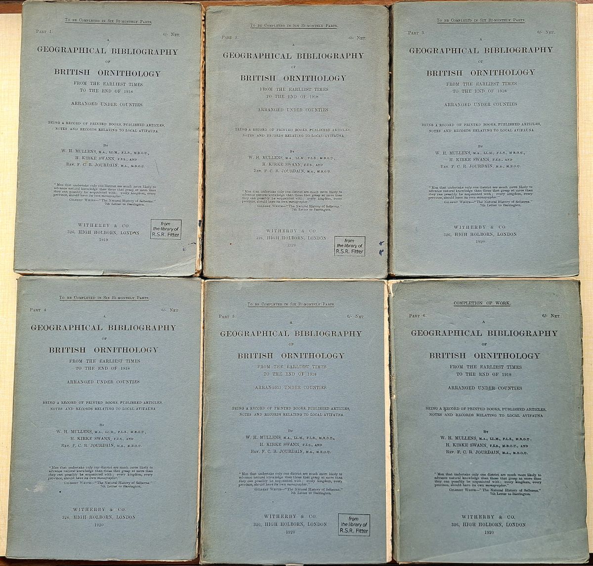A Geographical Bibliography of British Ornithology from the earliest times to the end of 1918, arranged under counties. Being a record of printed books, published articles, notes and records relating to local avifaune (Richard Fitter's set)